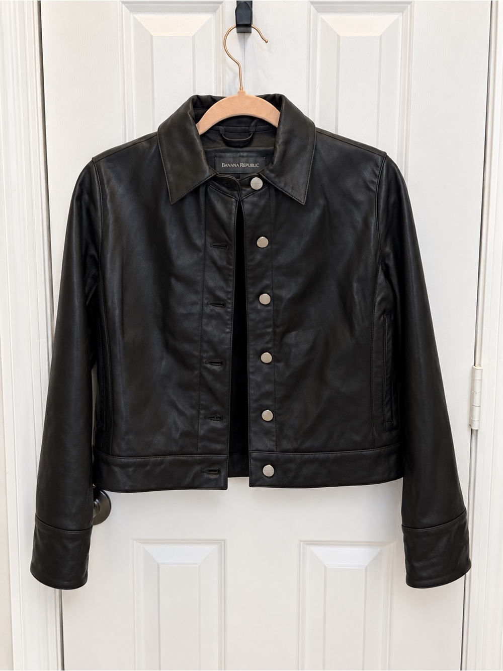 Vintage Banana Republic Black Leather Jacket Women’s XS Cropped Button Front